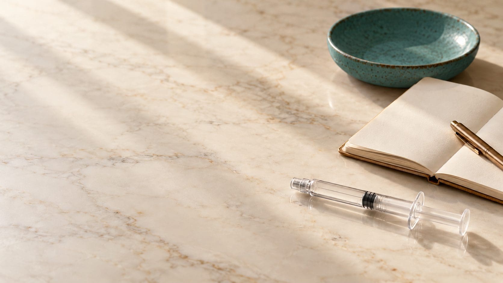 Clear dermal filler syringe beside an open notebook, a gold pen and a teal ceramic dish on a cream marble countertop in soft window light